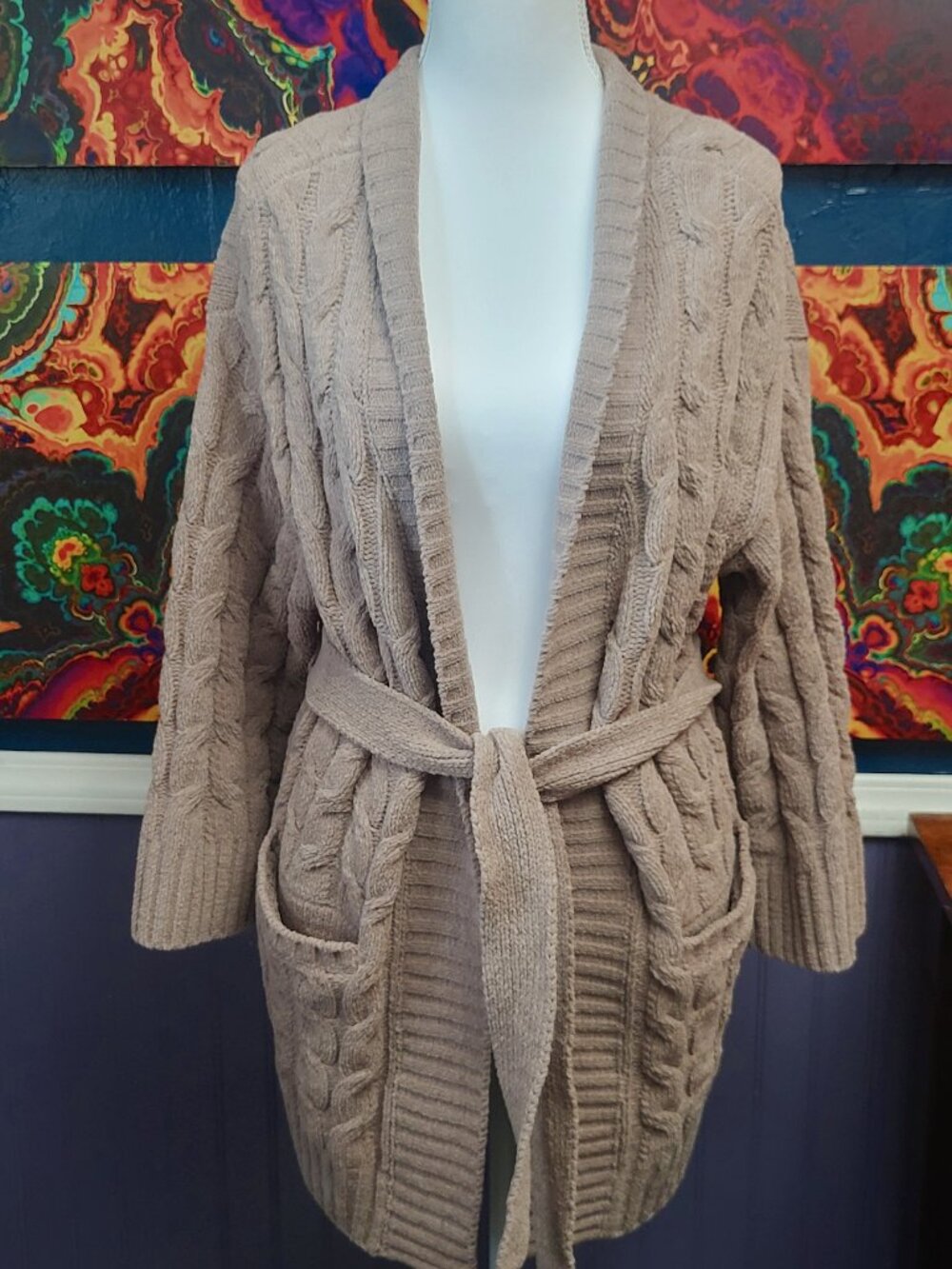 Tommy Bahama Taupe Cable Knit Belted Cardigan